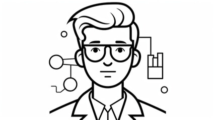 A black and white drawing icon of a scientist man with glasses on a white background Generative Ai