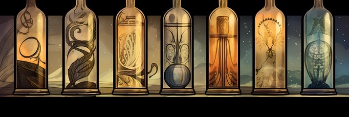 Set of bottles with a beautiful pattern in the background