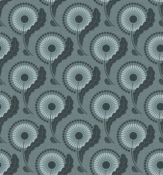 MINT LIGHT BLUE TEXTURED VECTOR SEAMLESS BACKGROUND WITH BLOOMING DANDELIONS IN ART NOUVEAU STYLE