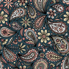 EMERALD TURQUOISE VECTOR SEAMLESS BACKGROUND WITH MULTICOLORED FLORAL PAISLEY ORNAMENT