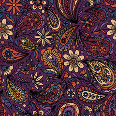 DARK LILAC VECTOR SEAMLESS BACKGROUND WITH MULTICOLORED FLORAL PAISLEY ORNAMENT