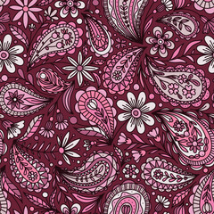 CRIMSON PINK VECTOR SEAMLESS BACKGROUND WITH MULTICOLORED FLORAL PAISLEY ORNAMENT