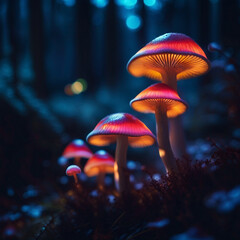 Image of glowing mushrooms in forest at twilight, created by artificial intelligence. Stock image. - obrazy, fototapety, plakaty
