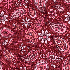 RED VECTOR SEAMLESS BACKGROUND WITH MULTICOLORED FLORAL PAISLEY ORNAMENT