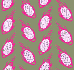 OLIVE VECTOR SEAMLESS RETRO BACKGROUND WITH BRIGHT PINK DRAGON FRUIT SLICES IN POP ART STYLE