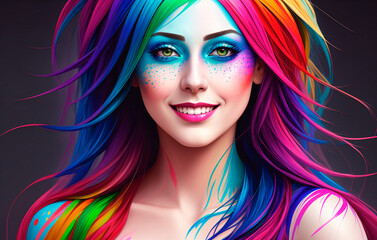 Fototapeta premium Beautiful girl with futuristic hairstyle and bright makeup. Generative AI