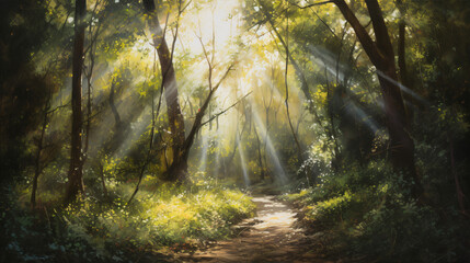 A forest path leading into the unknown with sunlight passing through trees Generative Ai