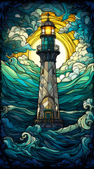 A vibrant stained glass lighthouse shining over the vast ocean Generative Ai
