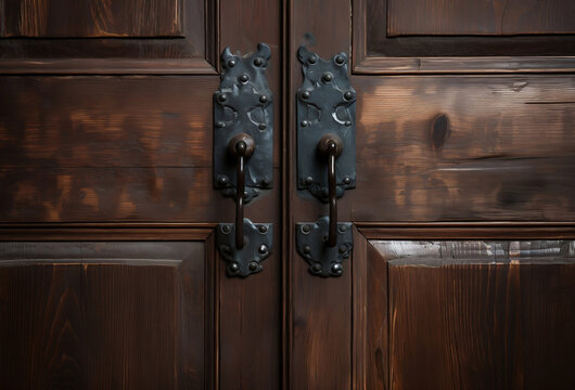Black old door handle and door lock over a brown wooden door
