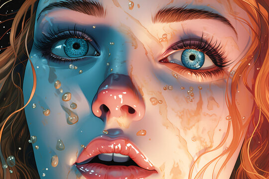 A woman with mesmerizing blue eyes and a wet face Generative Ai