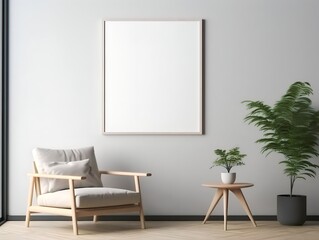 Blank wooden frame mockup on wall in living room