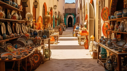 Shopping street in the style of Djerba Houmt Souk and Midoun markets – a souk with classic Tunisian goods. Generative AI.