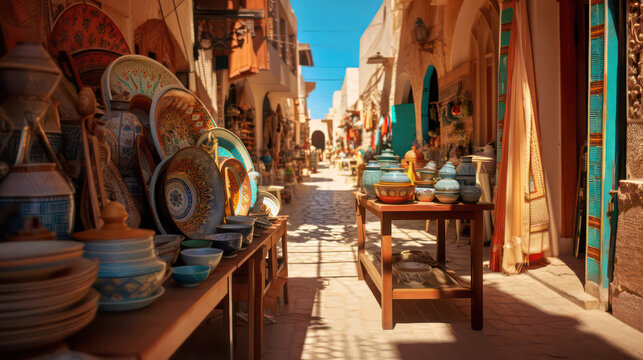 Shopping street in the style of Djerba Houmt Souk and Midoun markets &ndash; a souk with classic Tunisian goods. Generative AI.