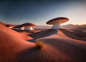 Fototapeta na wymiar jumbo mushrooms in the desert, Alien planet