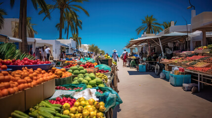 Colorful shopping street in the style of Djerba's Houmt Souk and Midoun markets, brimming with fruits and vegetable stalls. Generative AI.