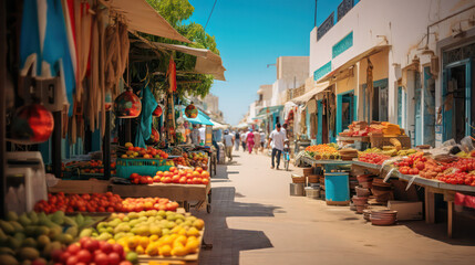 Colorful shopping street in the style of Djerba's Houmt Souk and Midoun markets, brimming with fruits and vegetable stalls. Generative AI.
