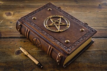 Aged leather book cover, design with the pentagram which contain embossed Latin names of five elements. Translated to English it is: Earth, Water, Fire, Air and Space.