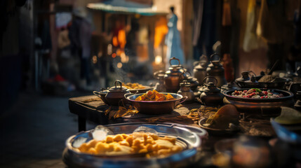 Delicious tajine dish in the vibrant surroundings of a market street, reminiscent of Djerba's classic Tunisian markets. Generative AI.