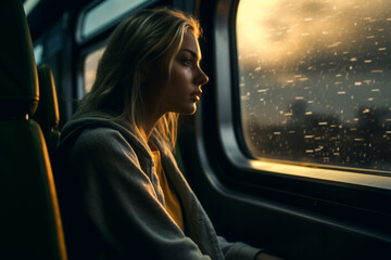 The train view from the window. Panoramic and free view, perspective, rest in motion, vacation freedom. Relaxation. It beckons the unknown in the future. Sunset through the window.