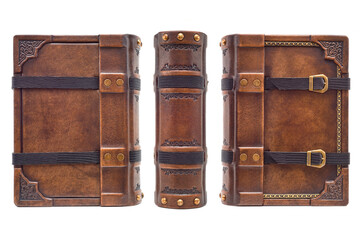 Aged leather book cover, design with closure belts - captured isolated