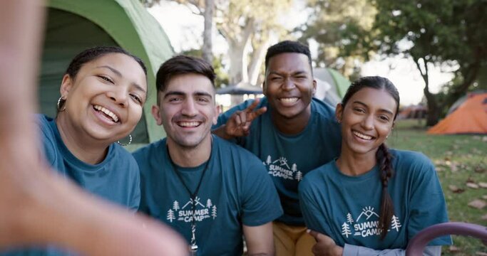 Selfie, people together and happy on camping, adventure or campers on a holiday with smile for social media blog or memory. Phone, group and happiness for hiking, trekking or team building experience