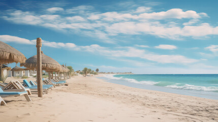 Djerba style beach with white sand and turquoise sea, exuding a typical colorful local ambiance. Generative AI.