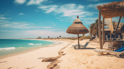 Djerba style beach with white sand and turquoise sea, exuding a typical colorful local ambiance. Generative AI.