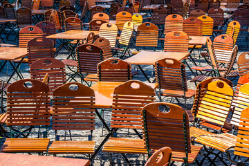table and chairs at a typical bavarian beergarden