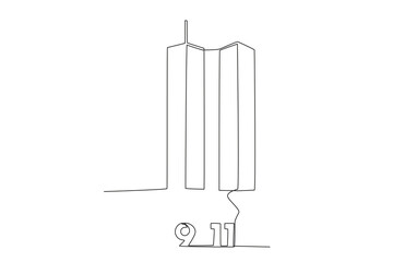 A tower and the number 211. 911 one-line drawing