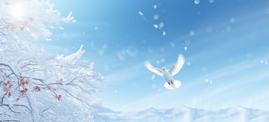 Obraz na płótnie Canvas Beautiful nature background with a flying white dove and a tree with red leaves in a winter environment Generative AI Illustration