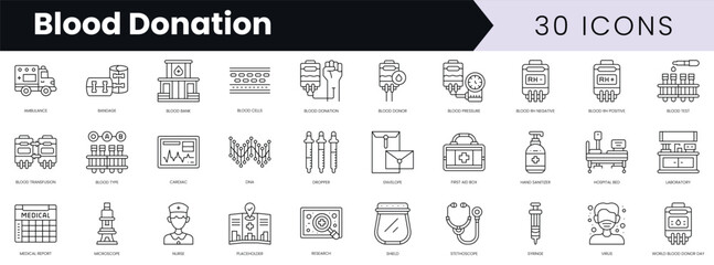 Set of outline blood donation icons. Minimalist thin linear web icon set. vector illustration.