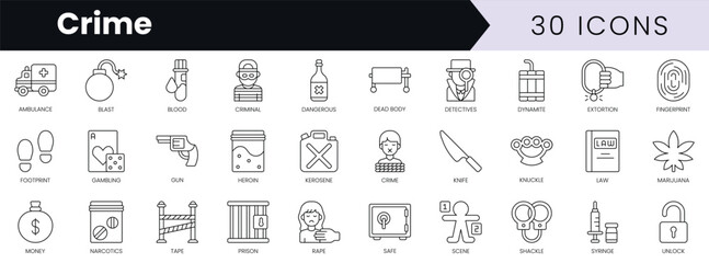 Set of outline crime icons. Minimalist thin linear web icon set. vector illustration.