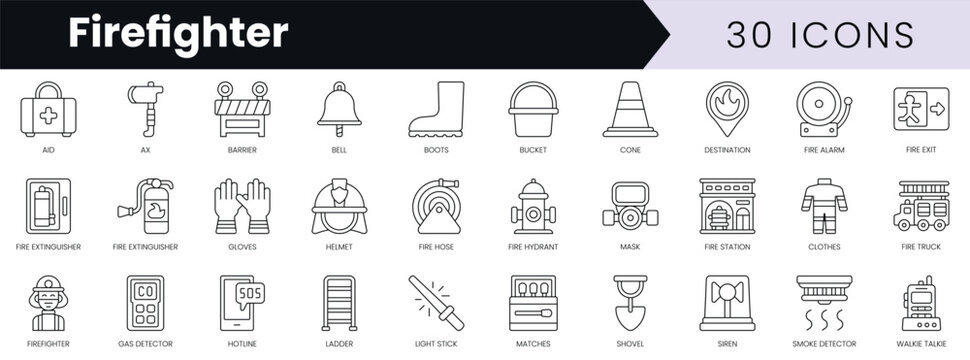 Set of outline firefighter icons. Minimalist thin linear web icon set. vector illustration.