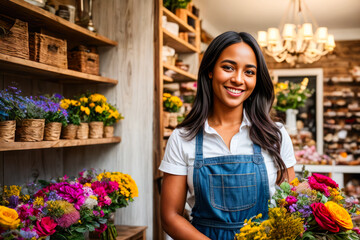 Portrait of smiling happy a dark-haired woman prepares bouquets of flowers in a small flower shop at early morning. Concept of biophilia lifestyle. Generative AI
