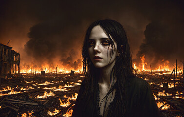 Zombie girl in the dark forest. Halloween. Horror film Generative AI