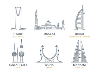 Сollection of Arab states of the Persian Gulf cities icons with urban landmarks. Linear illustrations of modern city symbols by RIYADH, MUSCAT, DUBAI, KUWAIT CITY, DOHA, MANAMA. 