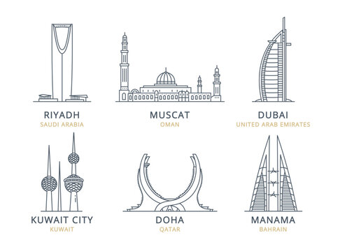 Сollection of Arab states of the Persian Gulf cities icons with urban landmarks. Linear illustrations of modern city symbols by RIYADH, MUSCAT, DUBAI, KUWAIT CITY, DOHA, MANAMA. 