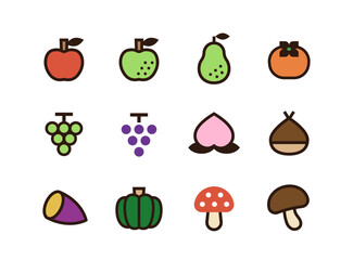 秋の果物と野菜のベクターアイコンセット