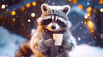 A cheerful cute raccoon in a knitted hat drinks cocoa from a cup against the background of a winter forest with fir trees, snow and colorful lights.Generative AI