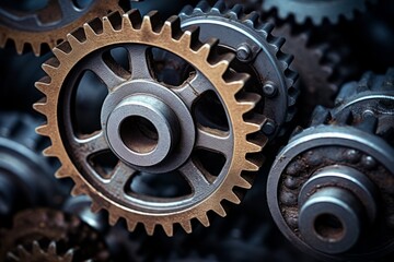 Metal gear sprockets in well used machine, closeup still life with beautiful textures and shape. Detail gear wheel