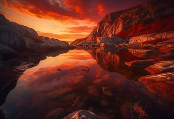 Foto auf Acrylglas Rot  violett a mountains and the water reflect in the water, in the style of dark red and light orange, landscape photography,