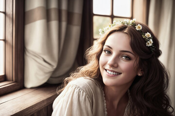 Fototapeta premium Portrait of a beautiful woman at the window in the room of a village house. Generative AI.
