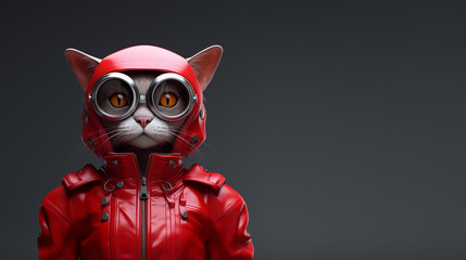 Hyper realistic portrait of an anthropomorphic lady cat in stylish red biker costume. Striking pop art style with a futuristic twist concept