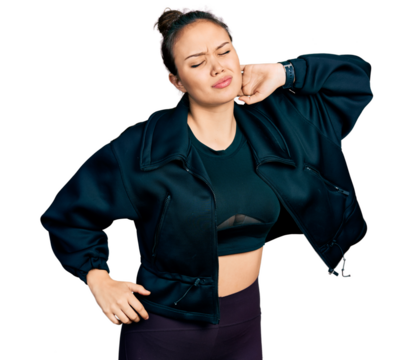 Young hispanic girl wearing sportswear stretching back, tired and relaxed, sleepy and yawning for early morning