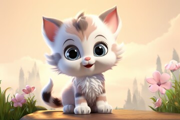 Cute kitten cartoon character sitting on forest meadow. Curious little girl cat with big eyes among flowers