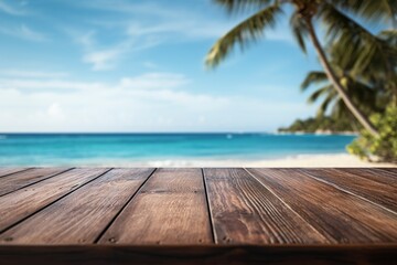 Fototapeta premium Empty wooden top table with tropical beach background