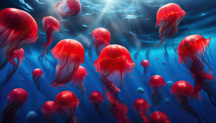 Naklejka premium Red jelly fish drifting in the blue sea
