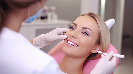 Pretty woman face in dental chair while doctor check her teeth.