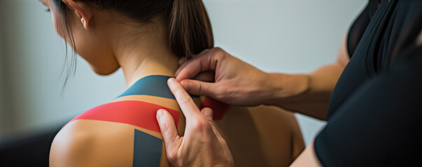 kinesiology - physiotherapist taping after injured. - obrazy, fototapety, plakaty