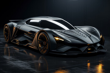 Futuristic concept car in garage on dark background, expensive exclusive sports auto, AI Generated © staras